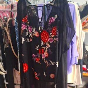 Torrid Black Floral Blouse with Red and Purple Accents